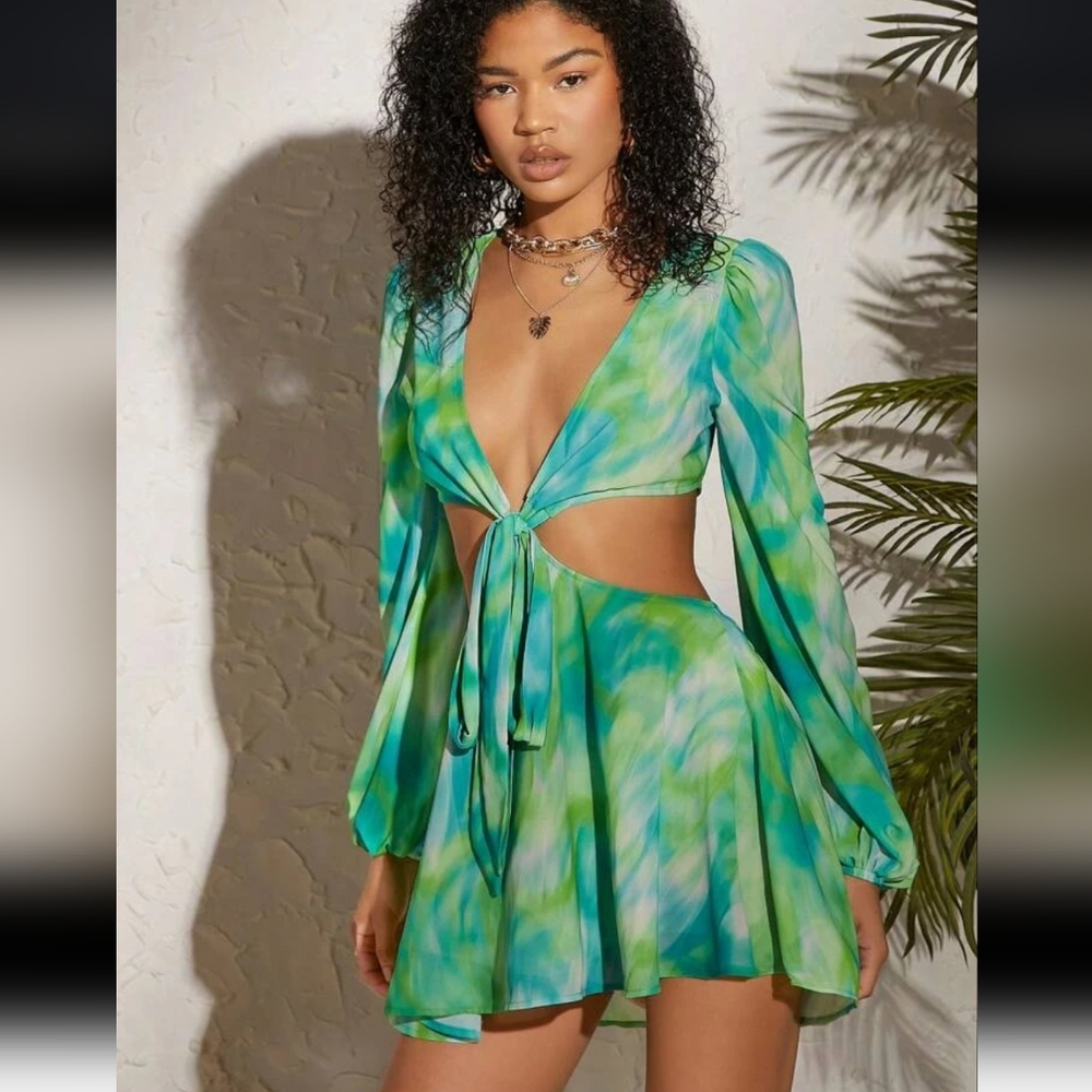 SHEIN Vibrant Green Tie-Dye Cutout Dress